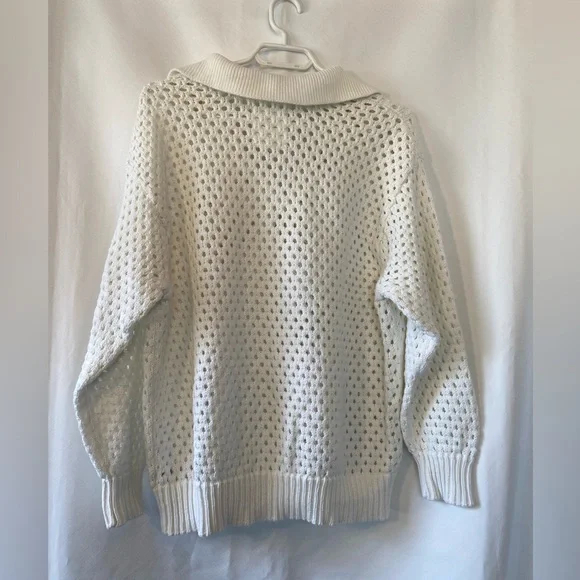 Aerie Women's Boho Coastal Creamy White 100% Cotton Open Knit Polo Sweater MD - Picture 8 of 16